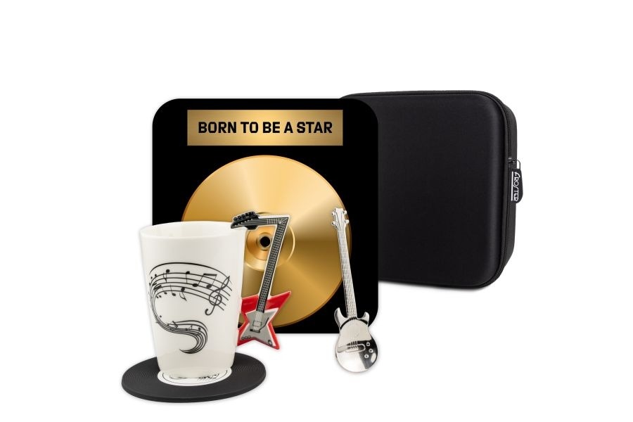 Kubek z gitarą - prezent dla muzyka FROSTER zestaw z podkładką i łyżeczką