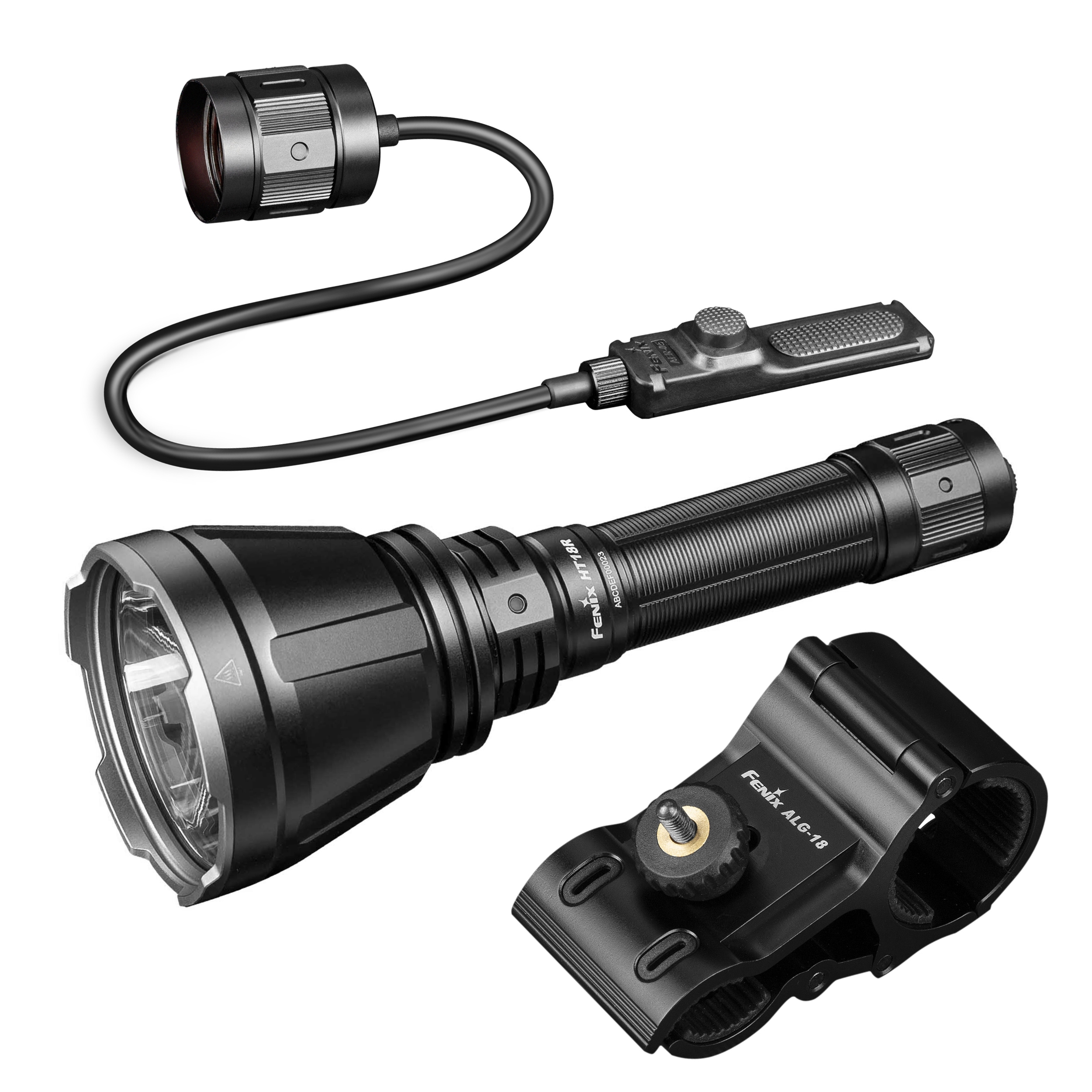 Zestaw latarka LED Fenix HT18R i montaż taktyczny ALG-18 oraz włącznik na kablu żelowy Fenix AER-05 (039-628)