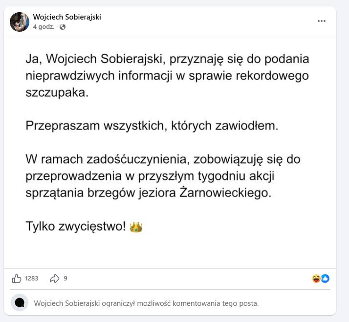 Zrzut ekranu z oświadczeniem Wojciecha Sobierajskiego, w którym przyznaje się do podania nieprawdziwych informacji w sprawie rekordowego szczupaka i przeprasza