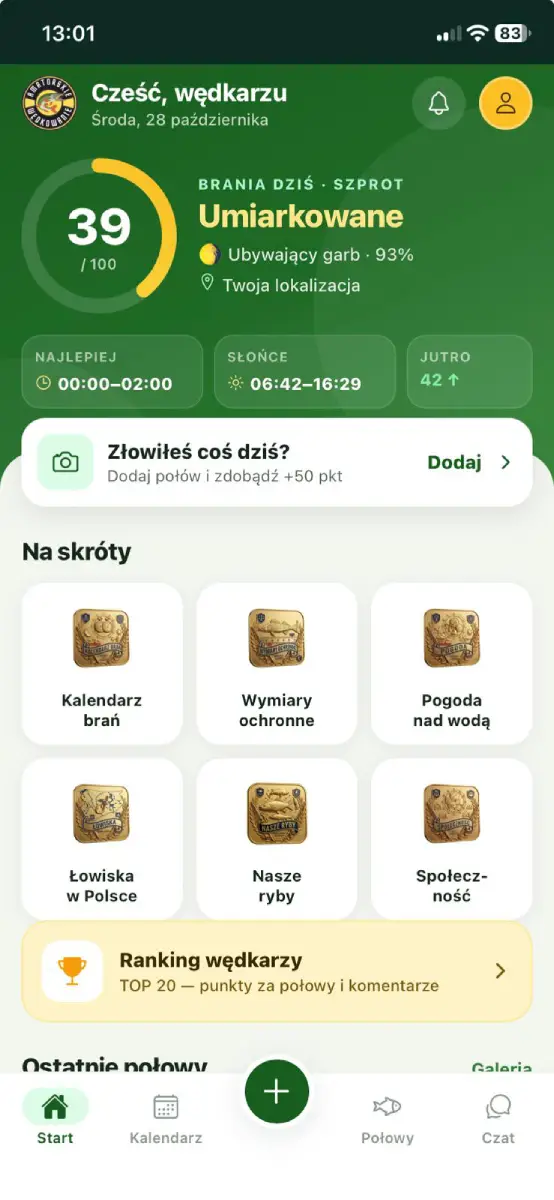 Aplikacja wędkarska Amatorskie Wędkowanie – ekran główny z dodawaniem złowionej ryby