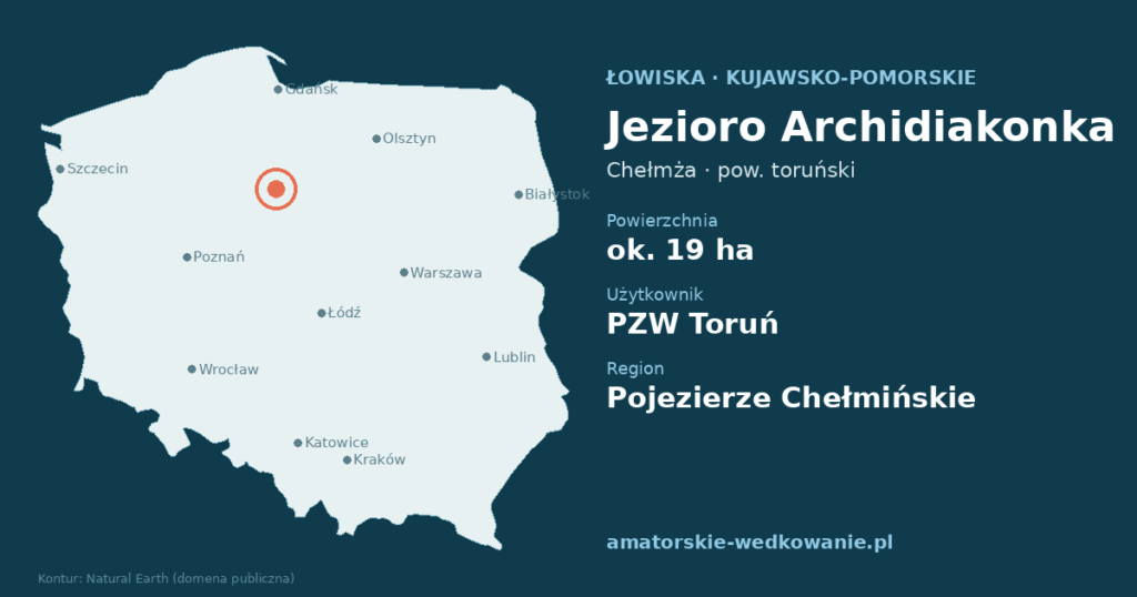Jezioro Archidiakonka na mapie Polski – Chełmża, powiat toruński, województwo kujawsko-pomorskie
