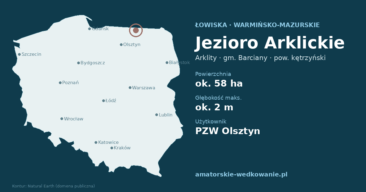 Jezioro Arklickie na mapie Polski – gmina Barciany, województwo warmińsko-mazurskie