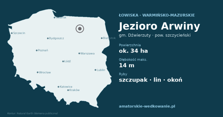 Jezioro Arwiny na mapie Polski – gmina Dźwierzuty, województwo warmińsko-mazurskie